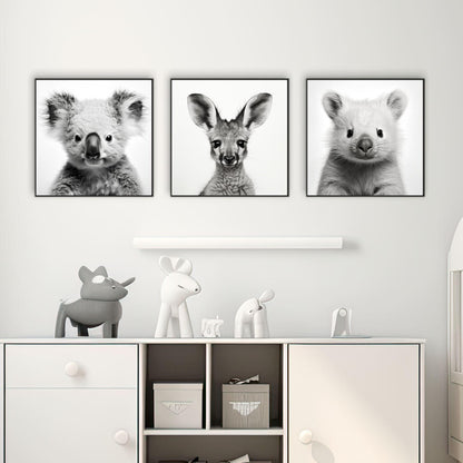 Australian Baby Animal Set of 3, Black & White Gender Neutral | Nursery Art | Canvas Print Wall Art - The Canvas Hive
