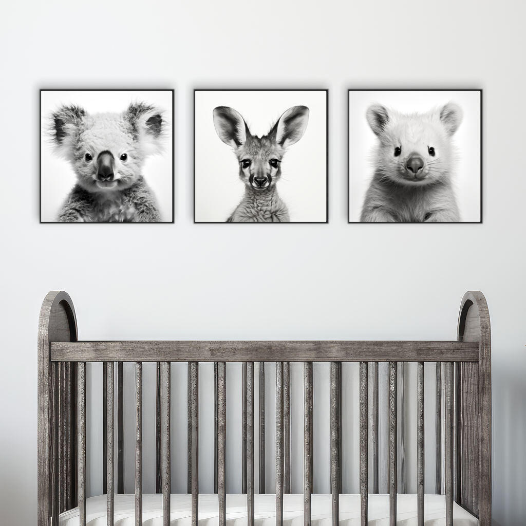 Australian Baby Animal Set of 3, Black & White Gender Neutral | Nursery Art | Canvas Print Wall Art - The Canvas Hive