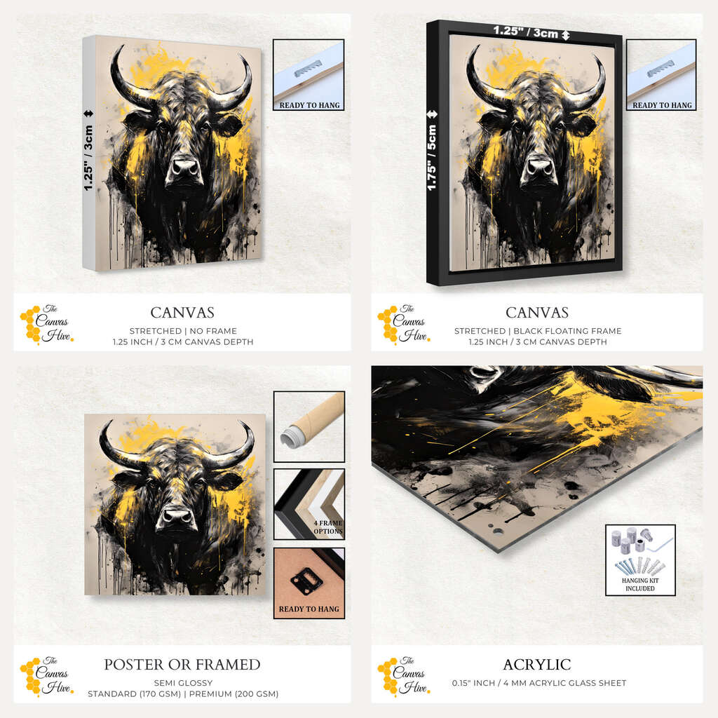 Black Bull in Mustard and Charcoal | Animals Wall Art Prints - The Canvas Hive