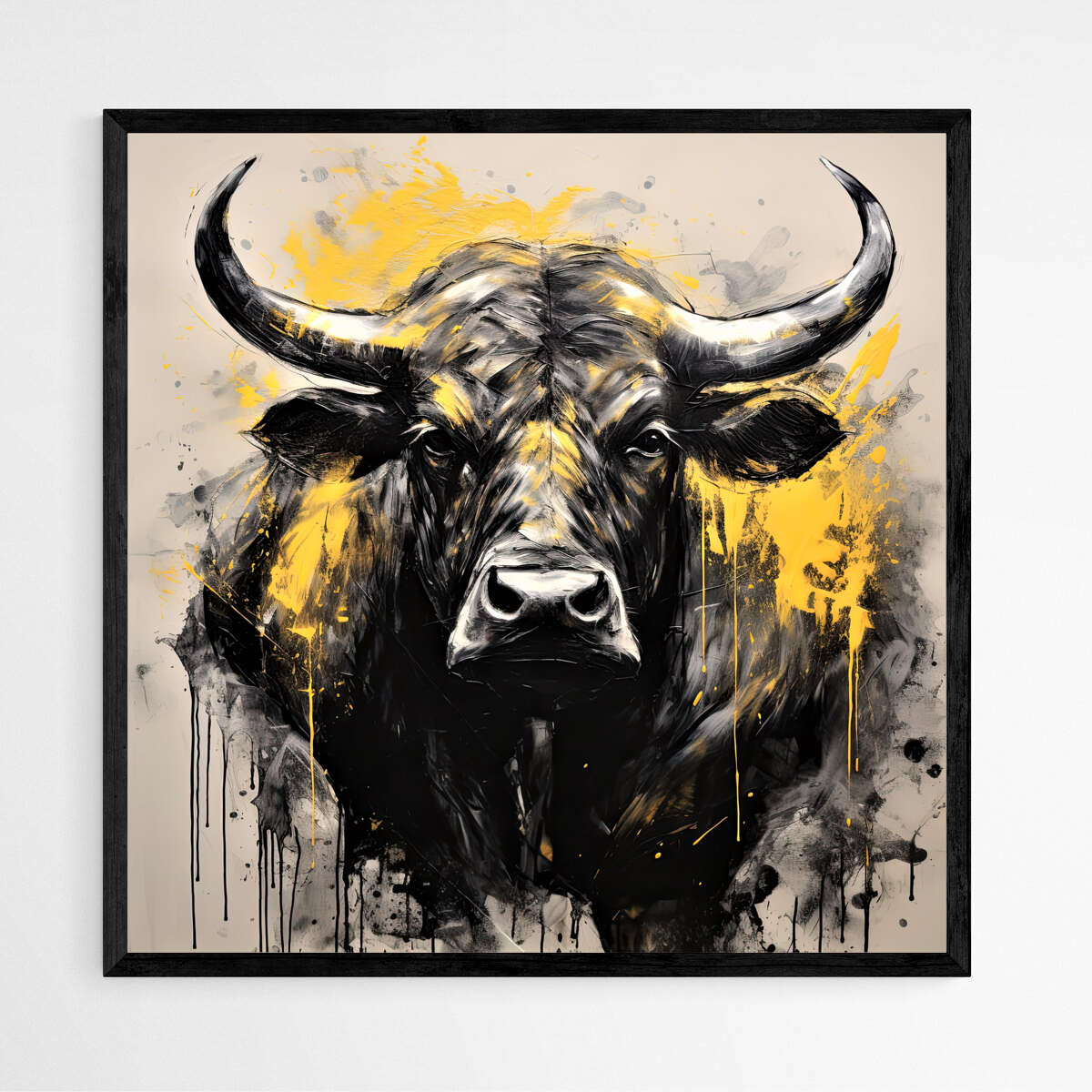 Black Bull in Mustard and Charcoal | Animals Wall Art Prints - The Canvas Hive