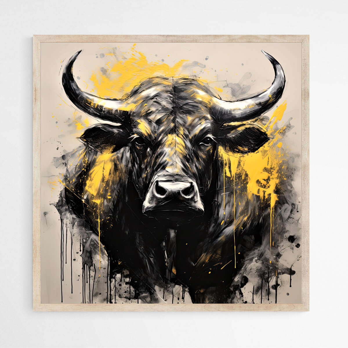 Black Bull in Mustard and Charcoal | Animals Wall Art Prints - The Canvas Hive