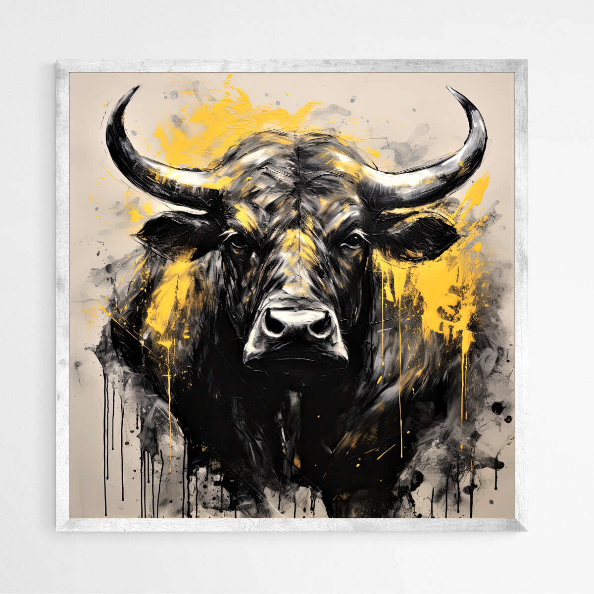 Black Bull in Mustard and Charcoal | Animals Wall Art Prints - The Canvas Hive
