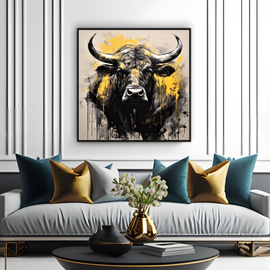 Black Bull in Mustard and Charcoal | Animals Wall Art Prints - The Canvas Hive