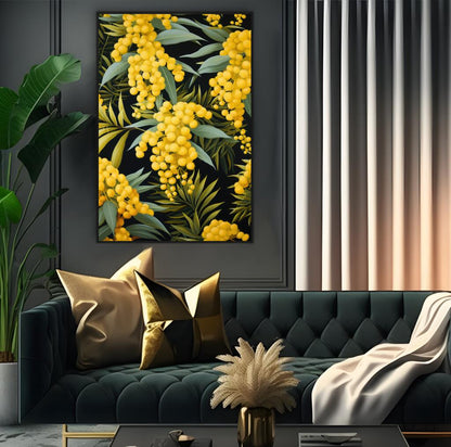 Botanical Beauty: Wattle Print Black Background | Australiana Wall Art Prints - The Canvas Hive