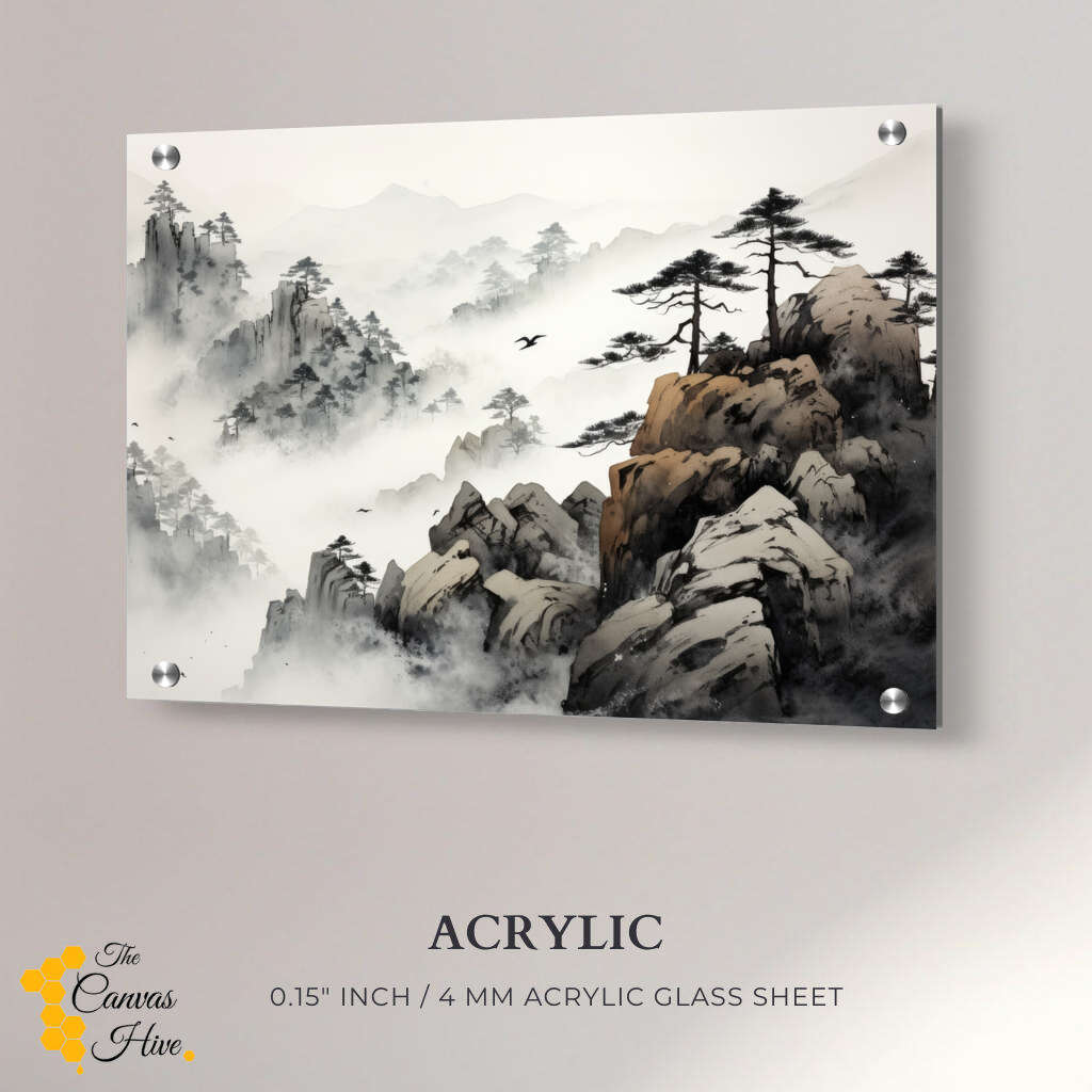 Foggy Mountain Serenity Sumi E | Japanese Wall Art Prints - The Canvas Hive