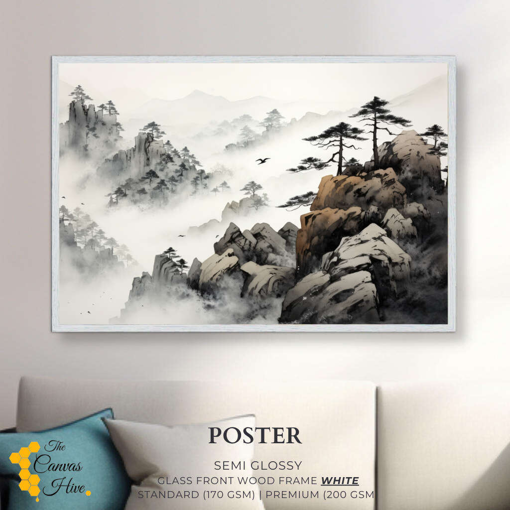 Foggy Mountain Serenity Sumi E | Japanese Wall Art Prints - The Canvas Hive