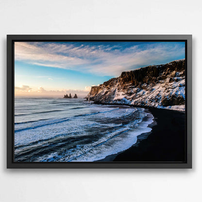 Ocean Cliffs Embracing a Black Sand Beach | Beachside Wall Art Prints - The Canvas Hive