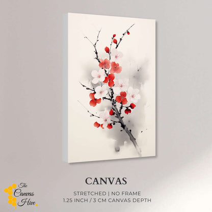 Red Blooming Branch Sumi E | Japanese Wall Art Prints - The Canvas Hive