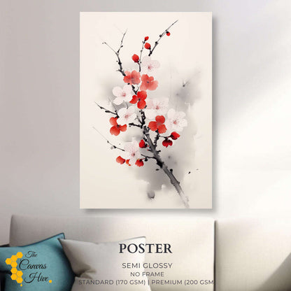 Red Blooming Branch Sumi E | Japanese Wall Art Prints - The Canvas Hive
