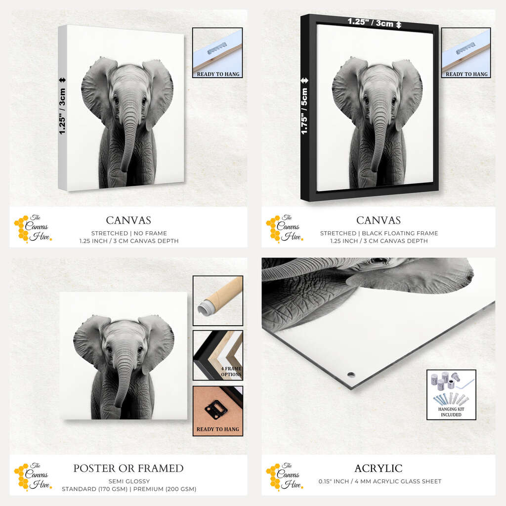 Safari Baby Animal Elephant Black & White | Nursery Wall Art Prints - The Canvas Hive