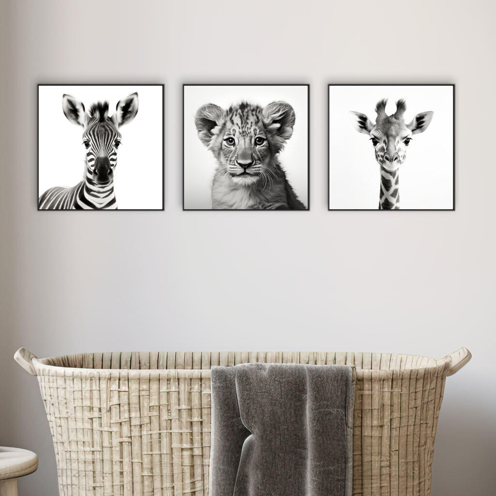 Safari Baby Animal Set of 3, Black & White Gender Neutral | Nursery Art | Canvas Print Wall Art - The Canvas Hive