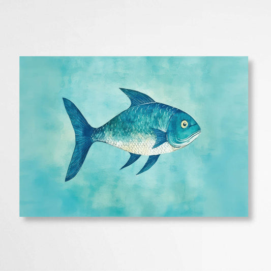 Teal Blue Fish Watercolor on Turquoise Background | Sea Life Wall Art Prints - The Canvas Hive
