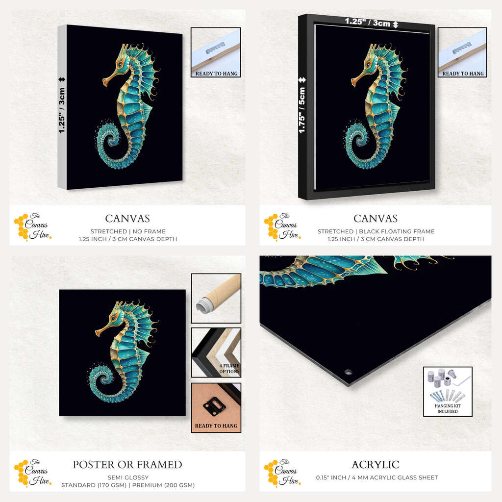 Teal Blue Seahorse | Sea Life Wall Art Prints - The Canvas Hive