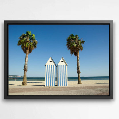 Tropical Tranquility: Beach Hut and Palm Harmony | Beachside Wall Art Prints - The Canvas Hive