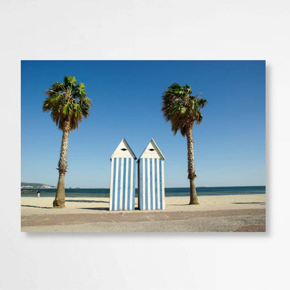 Tropical Tranquility: Beach Hut and Palm Harmony | Beachside Wall Art Prints - The Canvas Hive