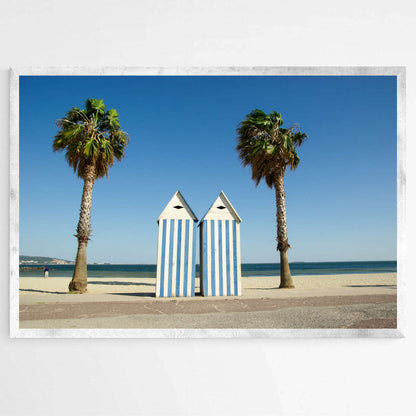 Tropical Tranquility: Beach Hut and Palm Harmony | Beachside Wall Art Prints - The Canvas Hive