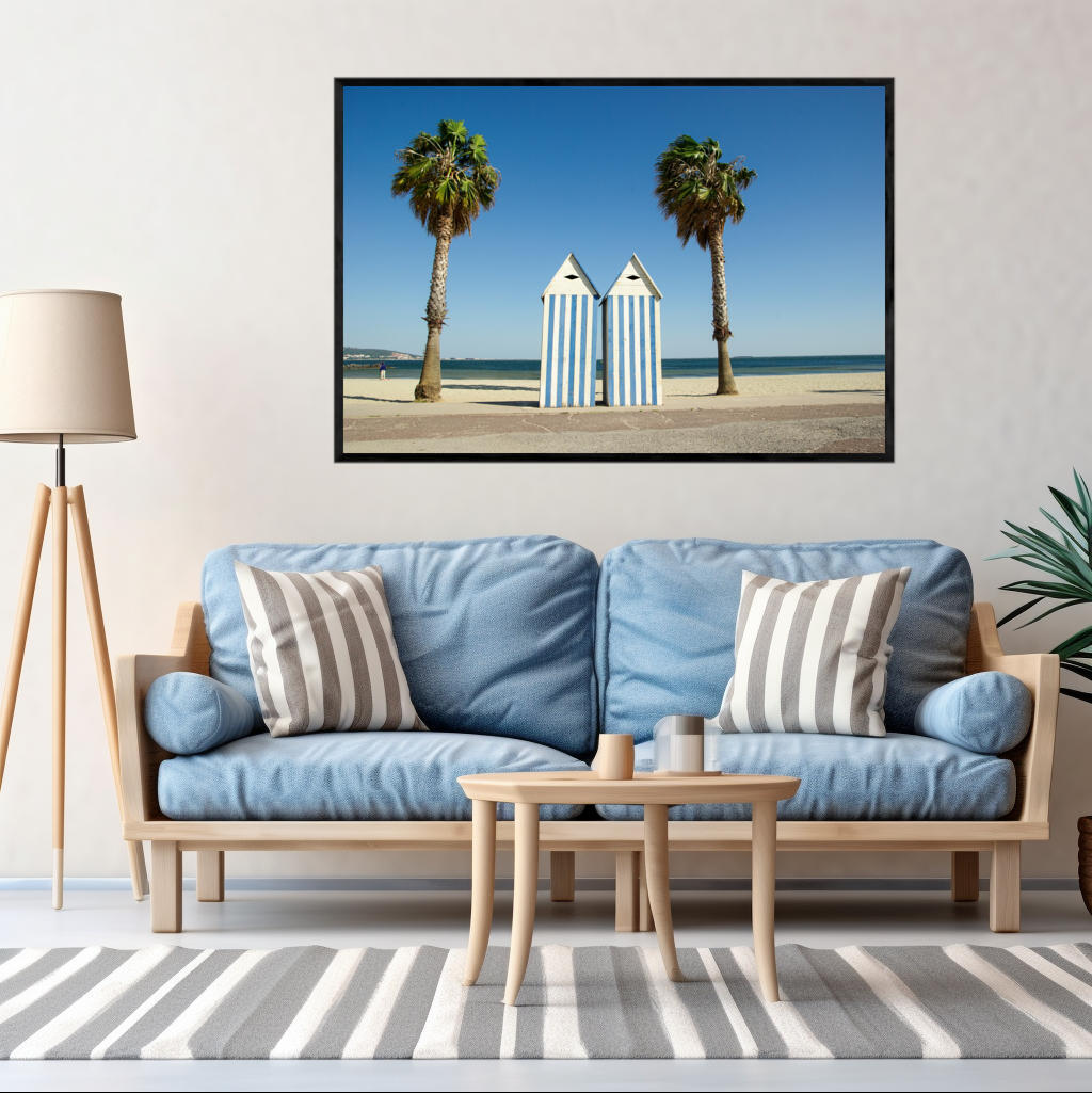 Tropical Tranquility: Beach Hut and Palm Harmony | Beachside Wall Art Prints - The Canvas Hive