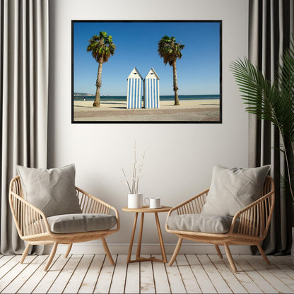 Tropical Tranquility: Beach Hut and Palm Harmony | Beachside Wall Art Prints - The Canvas Hive