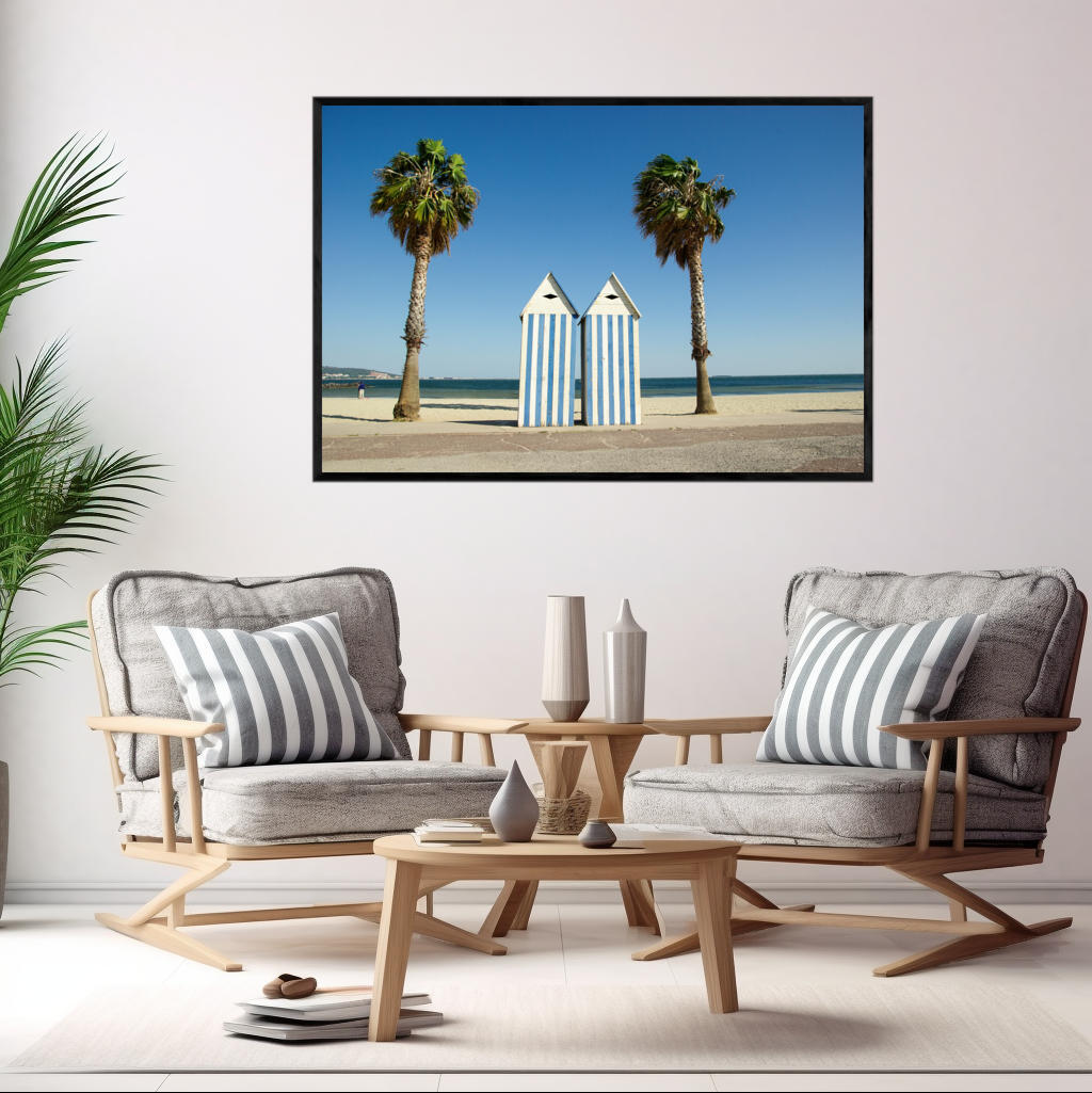 Tropical Tranquility: Beach Hut and Palm Harmony | Beachside Wall Art Prints - The Canvas Hive